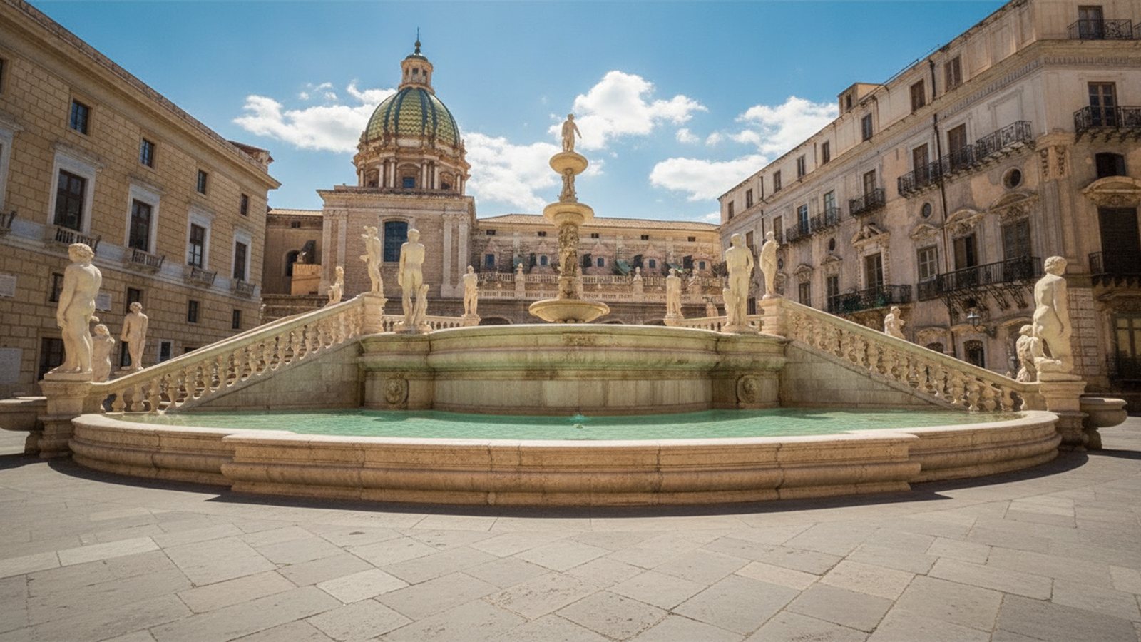 Fontana Pretoria a Palermo con le statue e la balaustra