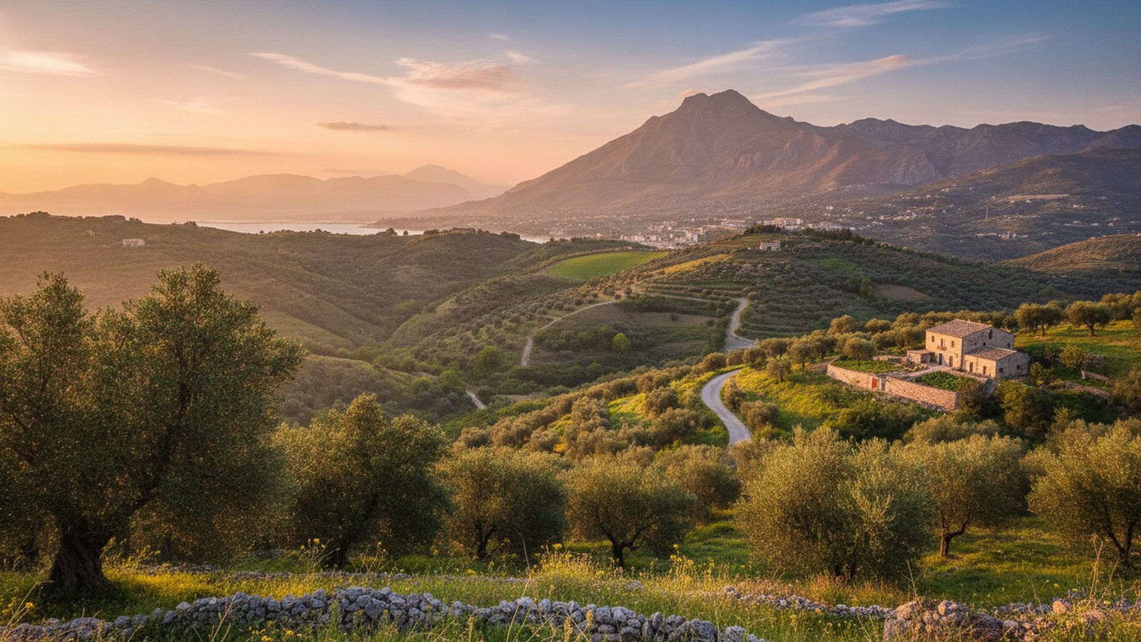 Campagna siciliana con ulivi e colline verso il mare