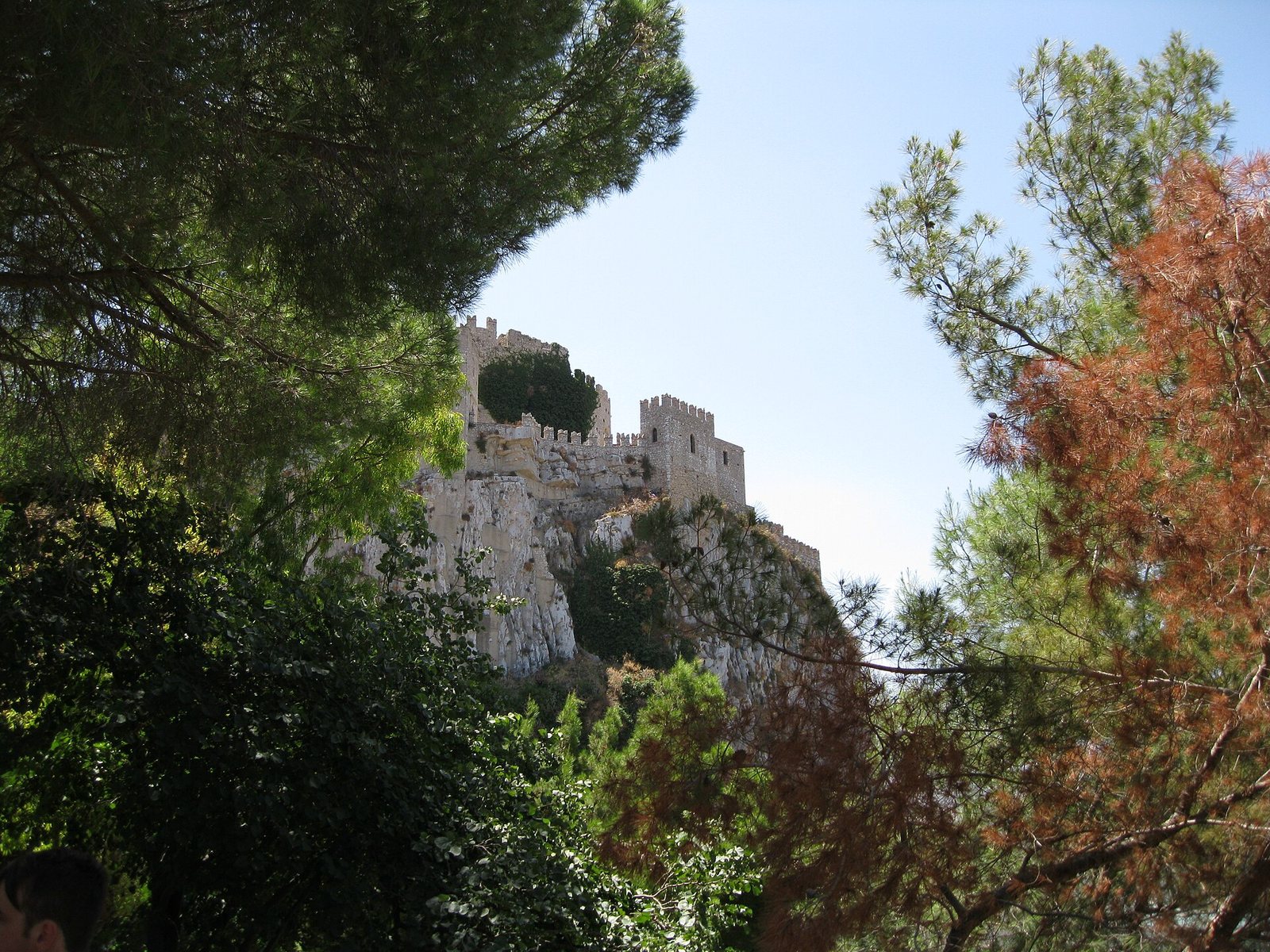 Il castello medievale di Caccamo visto dal basso fra gli alberi